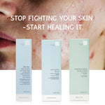Skincare product packaging with text 'Stop Fighting Your Skin - Start Healing It' on a close-up of skin.
